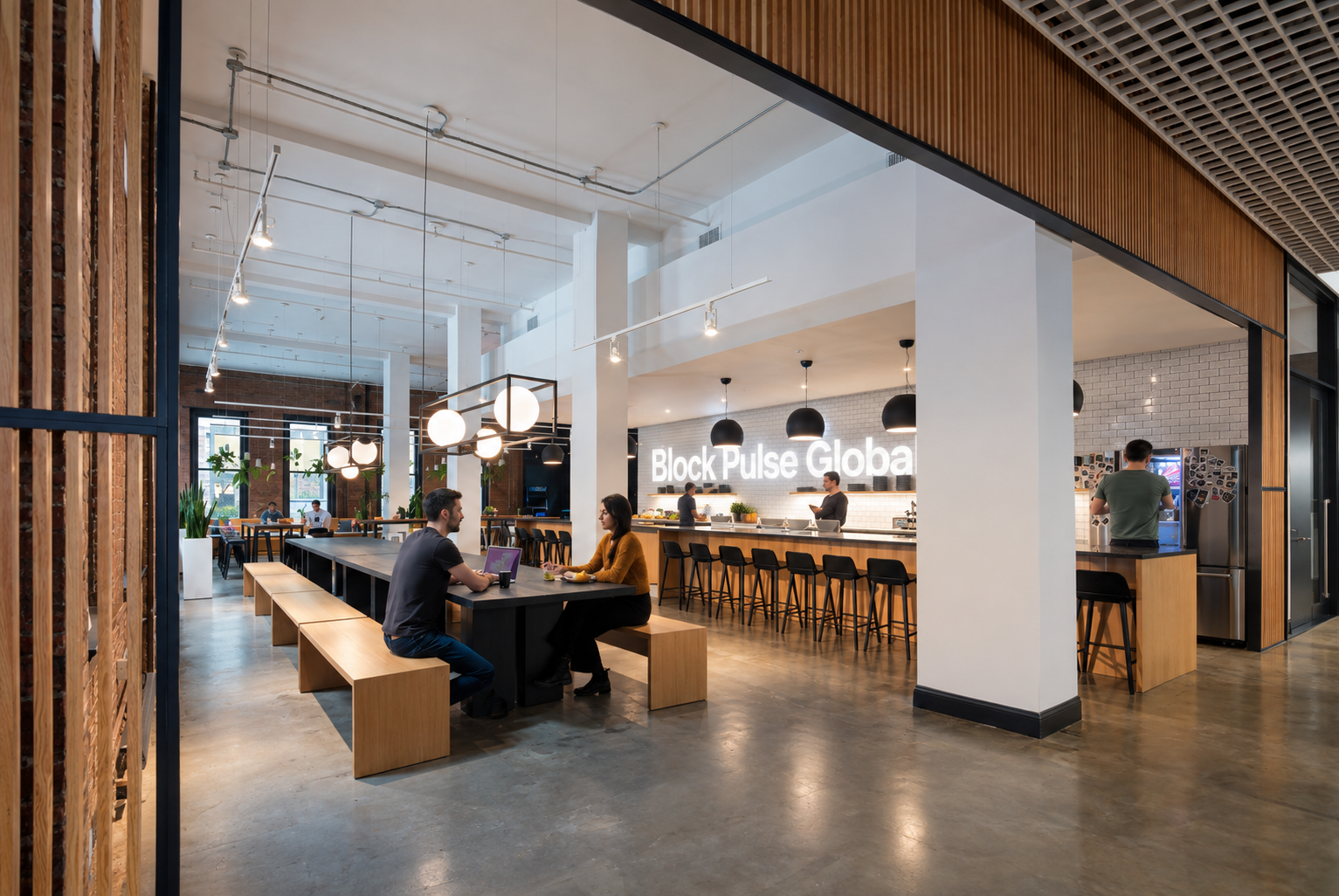 The open-plan floor of the New York office: long shared tables under pendant lights, with the Block Pulse Global sign mounted on the far wall.