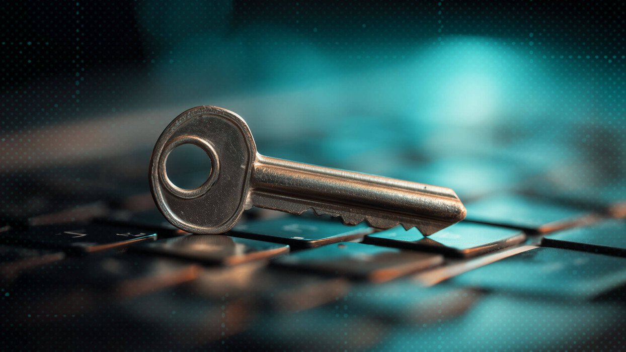 A single worn key resting on the keys of a lit keyboard.