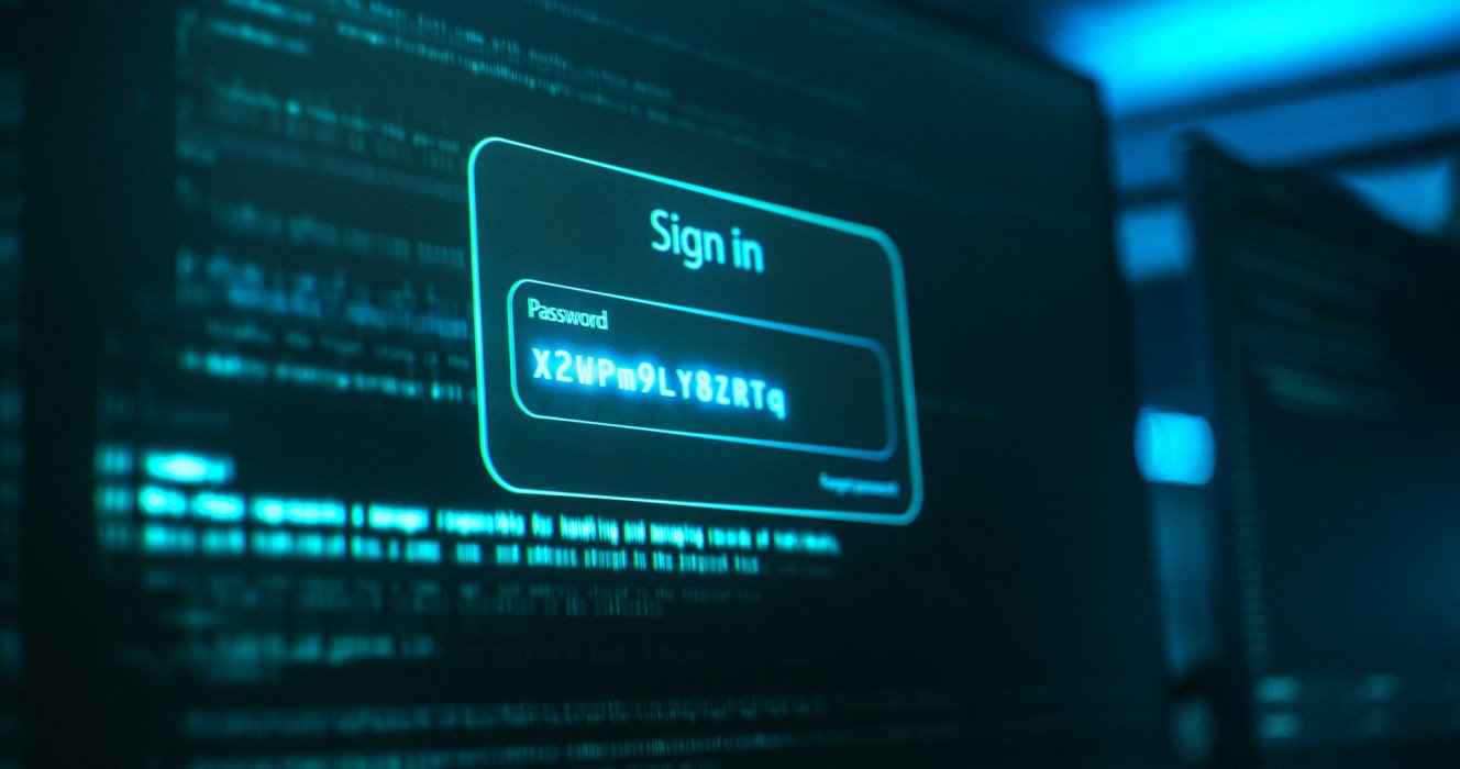 A glowing sign-in panel on a dark screen, with a generated password shown in the password field.