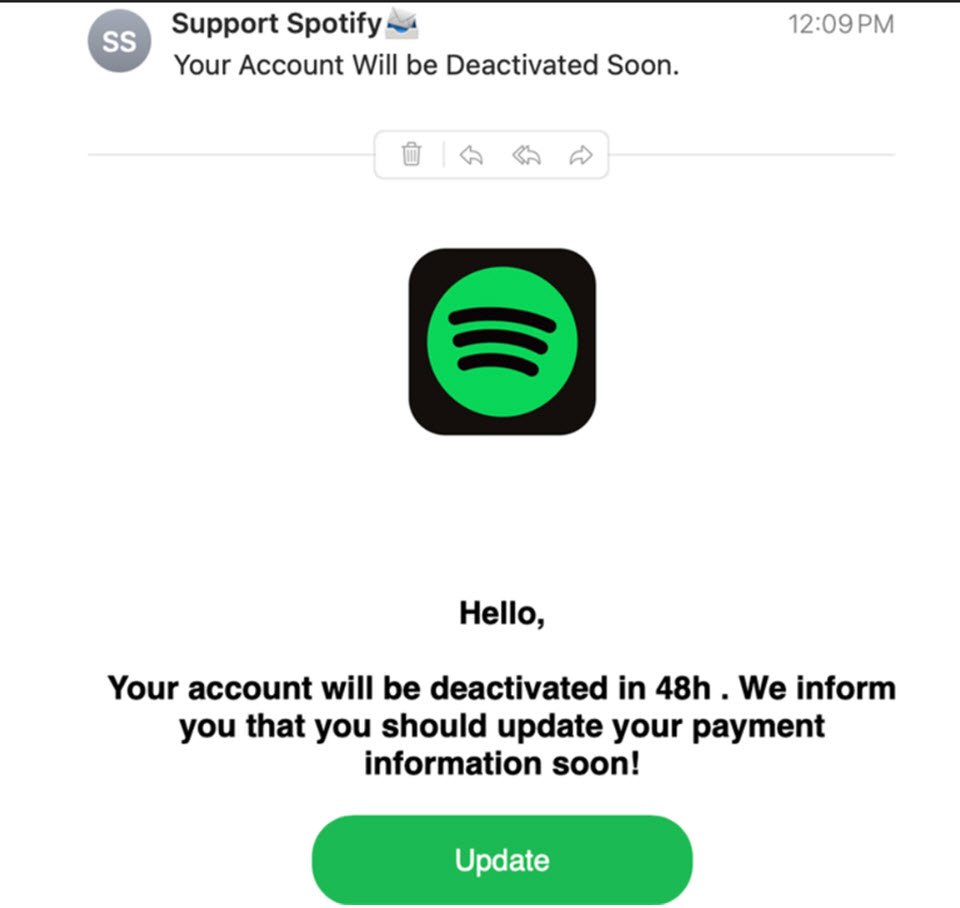 A phishing email claiming a music streaming account will be deactivated within 48 hours unless payment details are updated, with a large update button.