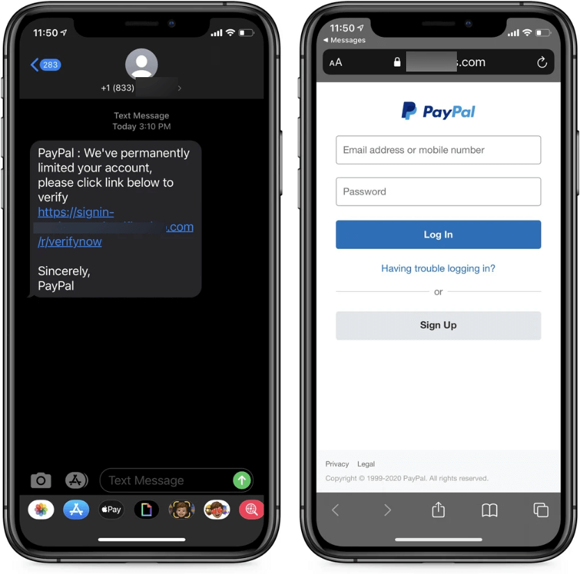 Two phone screenshots side by side: a text message warning that an account has been limited and asking the reader to follow a link, and the fake sign-in page that link leads to.