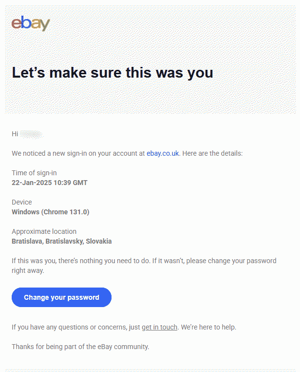 An account security email headed 'Let's make sure this was you', listing a sign-in time, the device used and a location in another country.