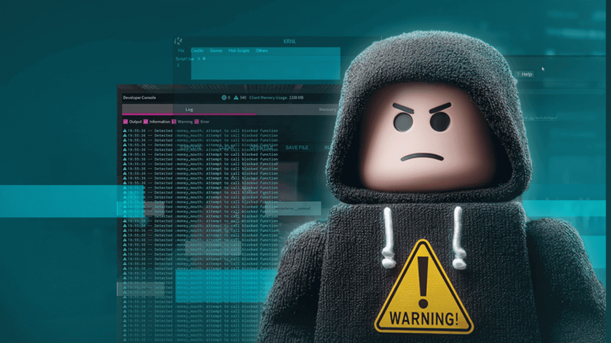 A hooded game character beside a developer console filling with log lines, with a yellow warning triangle pinned to its chest.
