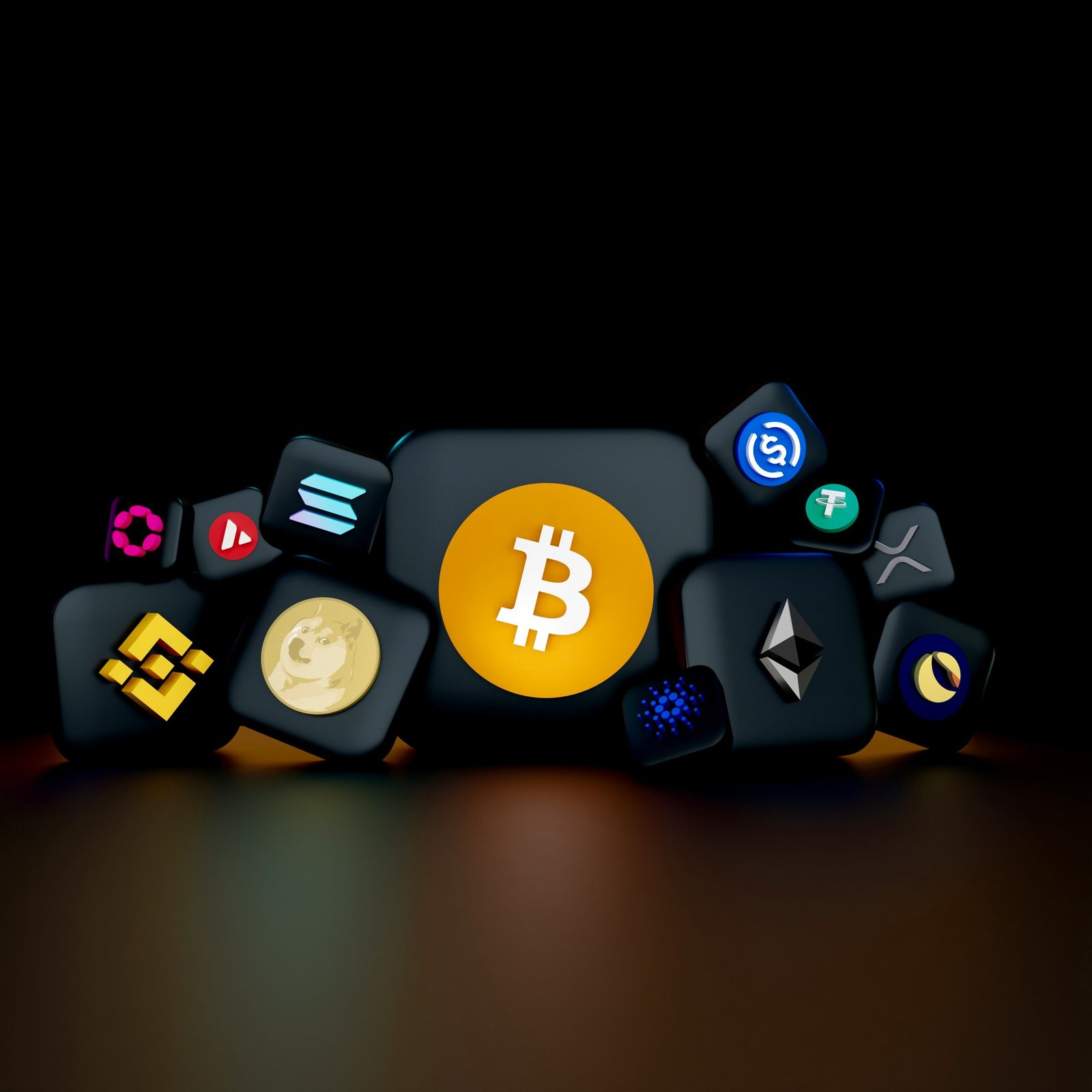 A bitcoin roundel surrounded by other cryptocurrency tokens, rendered on a black background.